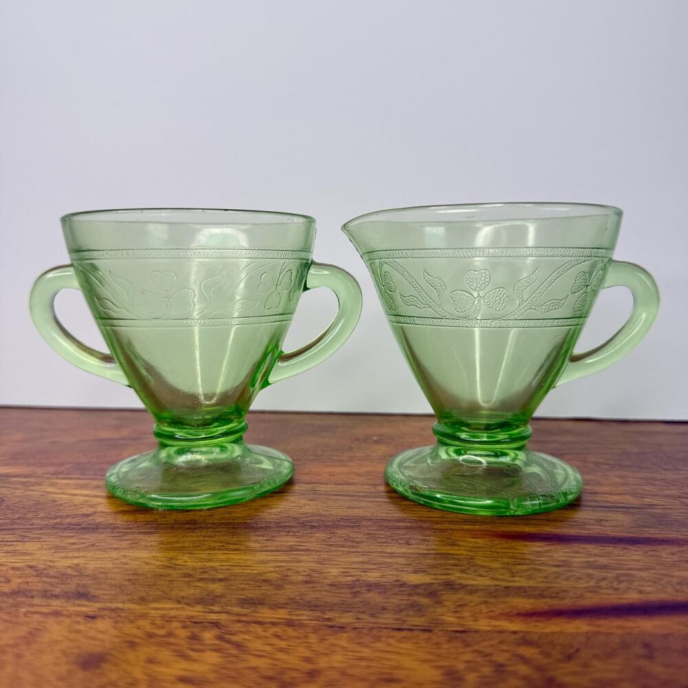 Vintage Depression Glass Hazel Atlas Cloverleaf Creamer and Open Sugar Bowl Set